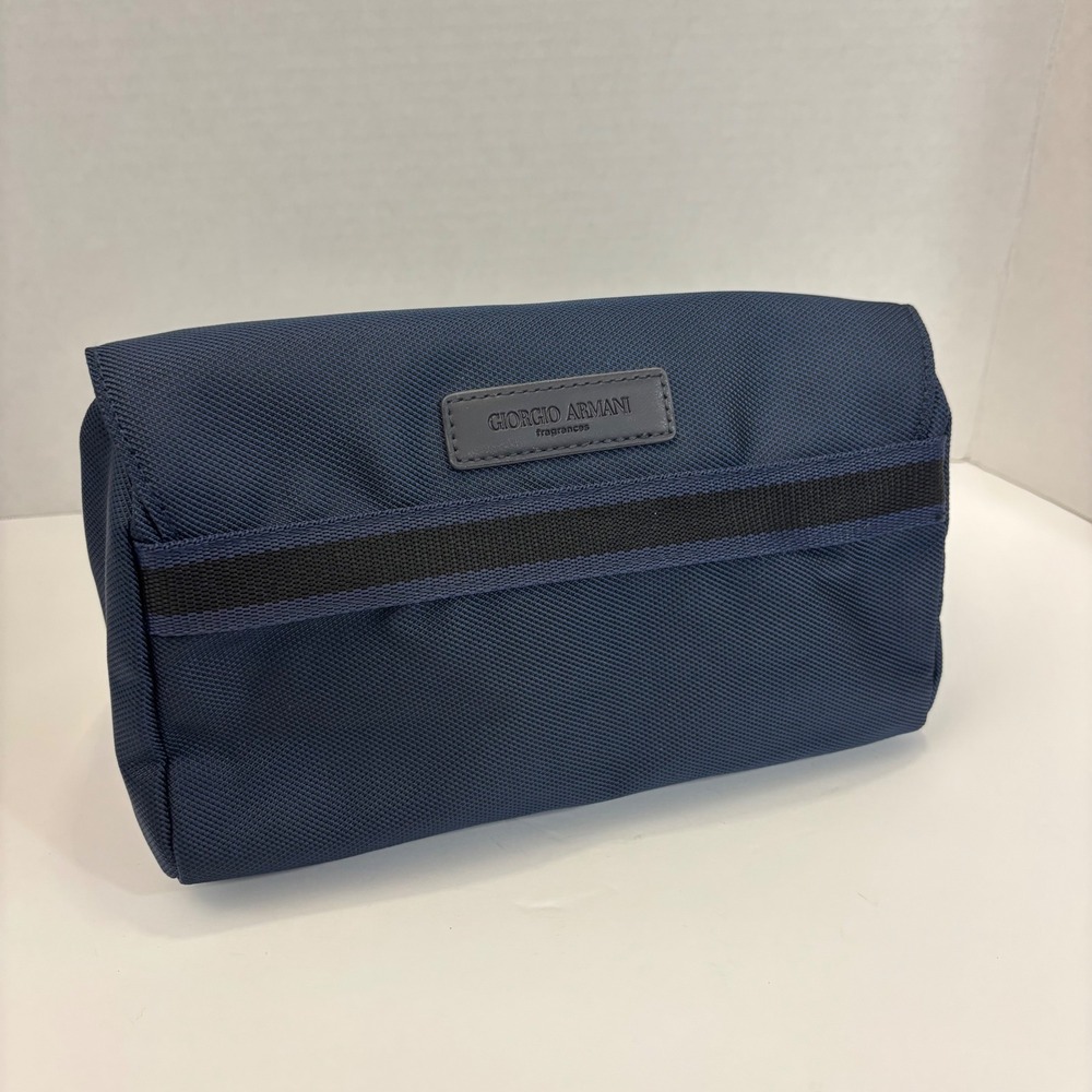 Giorgio Armani Toiletry Bag Mens Navy Blue Hanging Canvas Travel Dopp Kit Zip